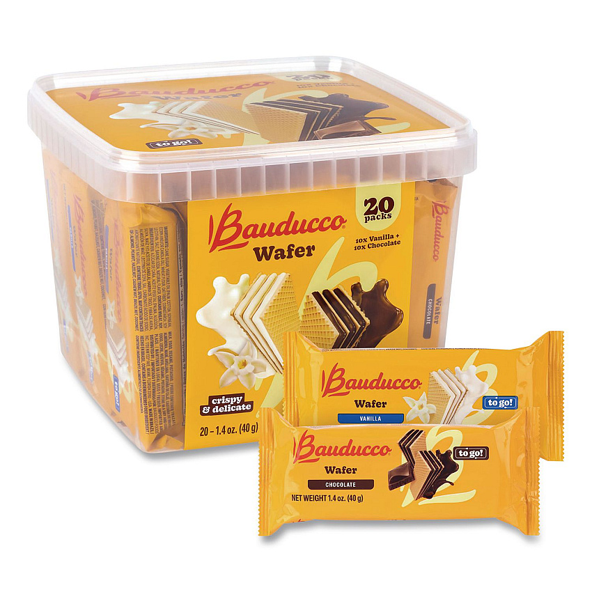 Bauducco Mini Wafer Cookies Tub, Chocolate/Vanilla, 1.4 oz Packets, 20/Carton (22002904)