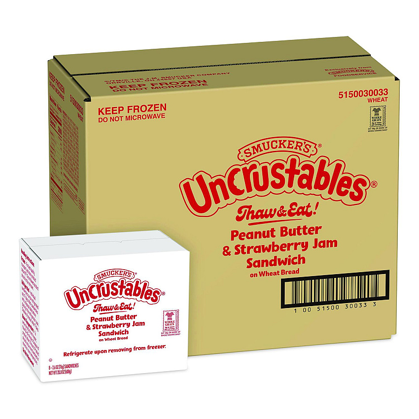 Smucker's UNCRUSTABLES Peanut Butter and Strawberry Wheat, 2.6 oz, 8 Sandwiches/Box, 2 Boxes/Carton (60004245)