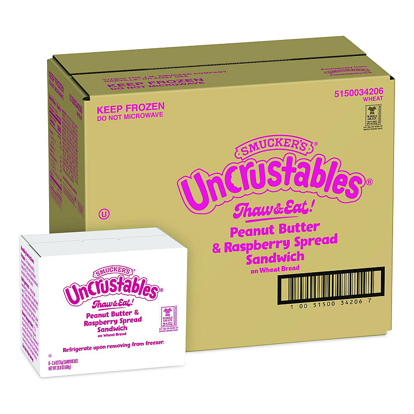 Smucker's UNCRUSTABLES Peanut Butter and Raspberry Wheat, 2.6 oz, 8 Sandwiches/Box, 2 Boxes/Carton (60004243)