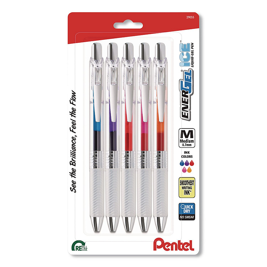 Pentel EnerGel ICE RTX Liquid Gel Pen, Retractable, 0.7 mm Medium, Assorted Ink, Clear Barrel, 5/Pack (BL77TLBP5M)