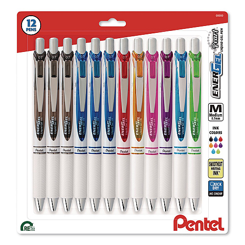 Pentel EnerGel Pearl Deluxe RTX Gel Pen, Retractable, Medium 0.7 mm, Assorted Ink, Assorted Barrel, 12/Pack (BL77PWBP12M)