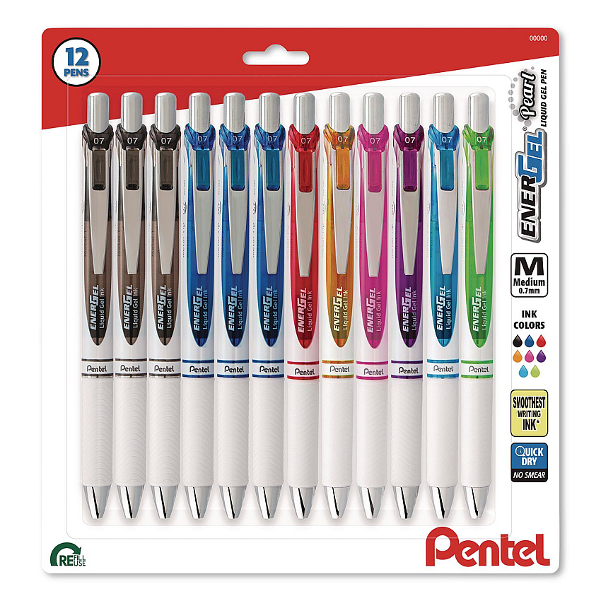 Pentel EnerGel Pearl Deluxe RTX Gel Pen, Retractable, Medium 0.7 mm, Assorted Ink, Assorted Barrel, 12/Pack (BL77PWBP12M)