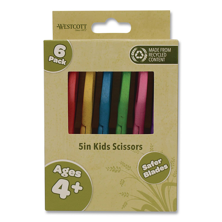 Westcott KleenEarth Rice Husk Kids Scissors, Rounded Tip, 5" Long, 2" Cut Length, Straight Assorted Color Handles, 6/Pack (00684)