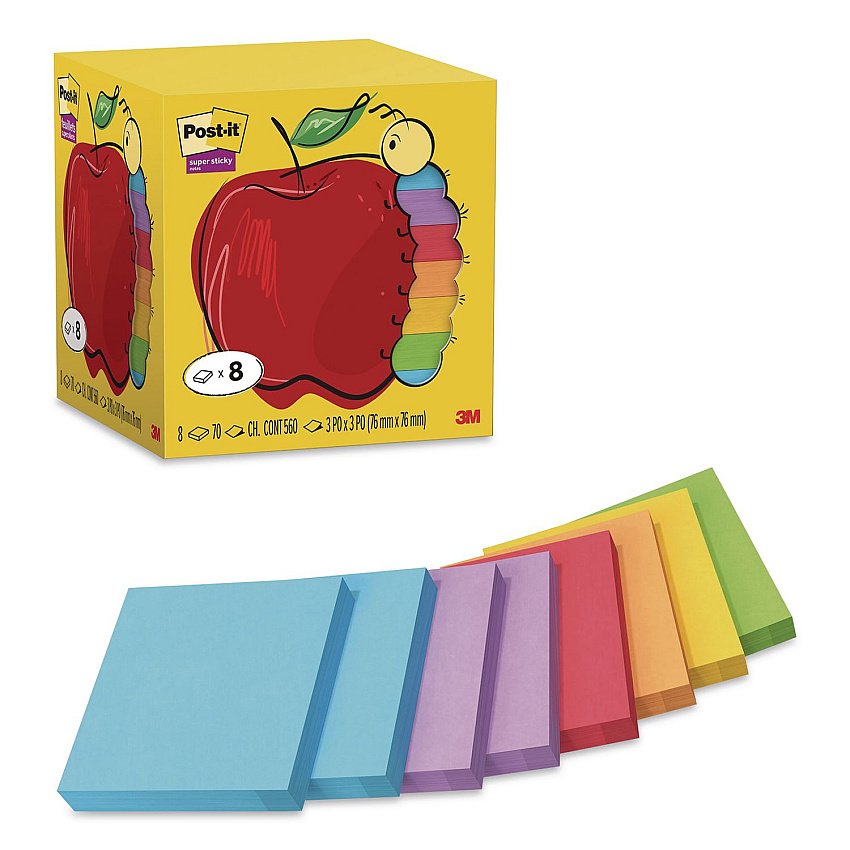 Post-it Super Sticky Notes, 3" x 3", Assorted Bright Colors, 70 Sheets/Pad, 8 Pads/Pack (6548SSAP)