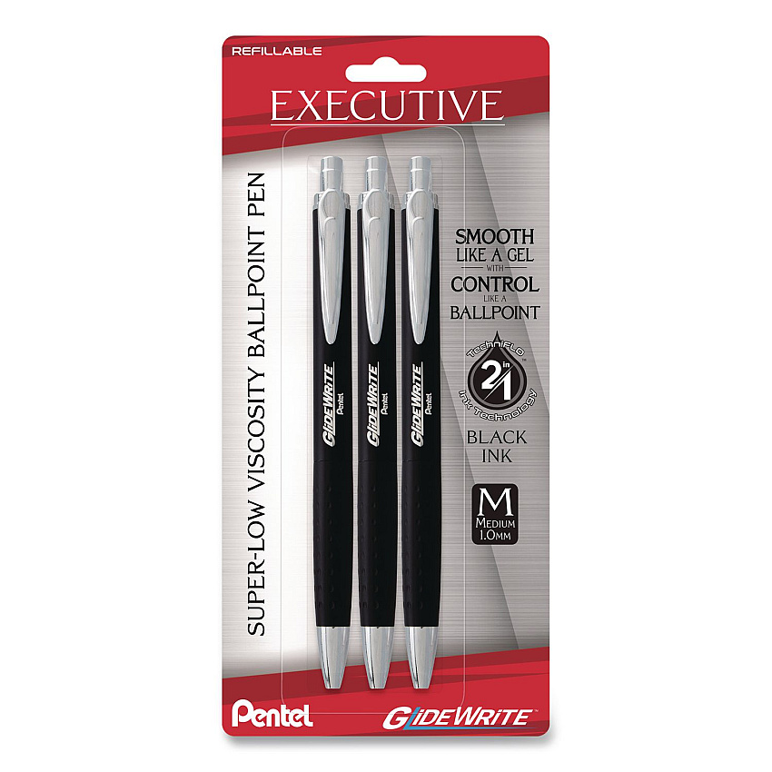 Pentel GlideWrite Executive Hybrid Gel Pen, Retractable, Medium 1 mm, Black Ink, Black/Silver Barrel, 3/Pack (BX970ABP3A)