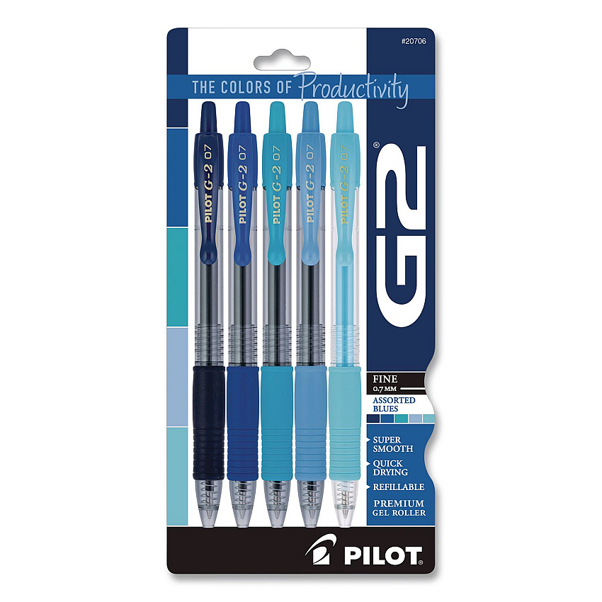 Pilot G2 Edge Colors of Tranquility Premium Gel Pens, Shades of Blue, Retractable, Fine 0.7 mm, Assorted Ink/Barrel Colors, 5/Pack (XP031001)