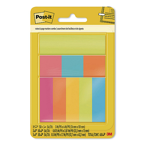 Post-it Combo Pack with Pagemarkers, (1) 3" x 4", (3) 0.88" x 2.87", (5) 0.5" x 1.7", Randomly Assorted Bright Colors, 50 Sheets/Pad (670COMBO)