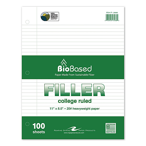 Roaring Spring Heavyweight BioBased Filler Paper, Side: 3-Hole, 8.5 x 11, Medium/College Rule, 100/Pack (13986)