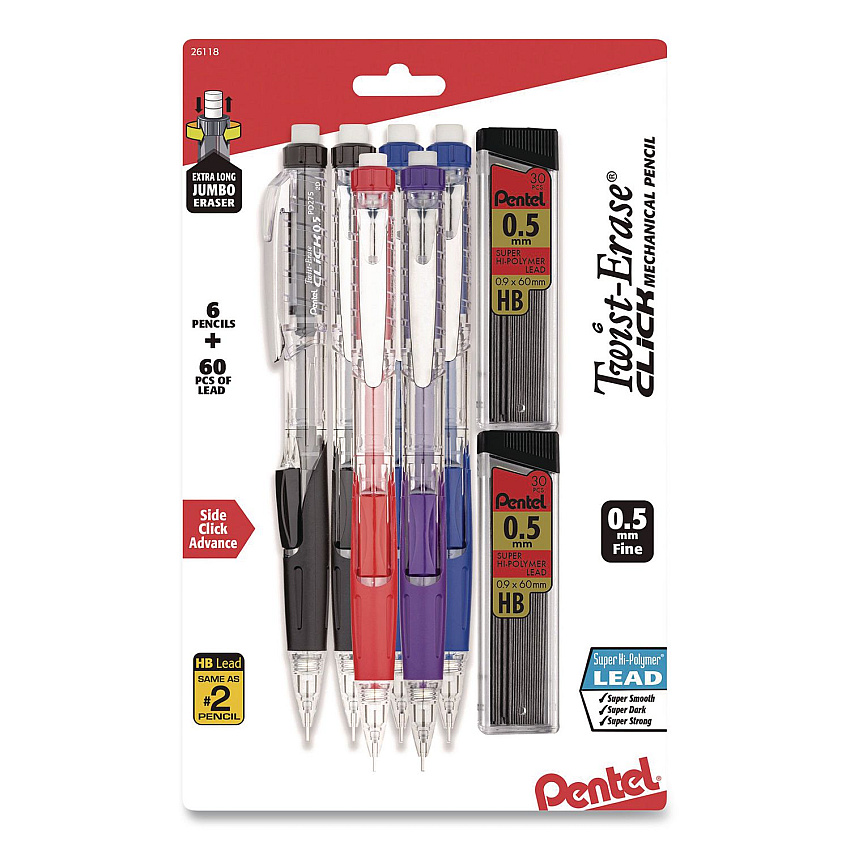 Pentel Twist-Erase CLICK Mechanical Pencil, 0.5 mm, HB (#2), Assorted Barrel Colors, 6/Pack (PD275TLBPS6M)