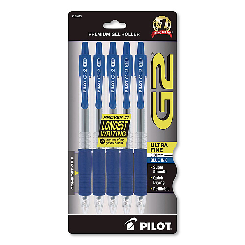 Pilot G2 Edge Premium Gel Pen, Retractable, Ultra Fine 0.38 mm, Blue Ink, Clear/Blue Barrel, 5/Pack (18203)