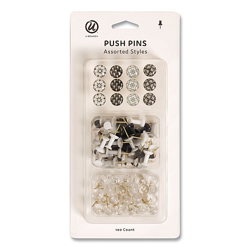 U Brands Moroccan Monochrome Push Pins, Assorted Colors, 100/Pack (2996U0624)