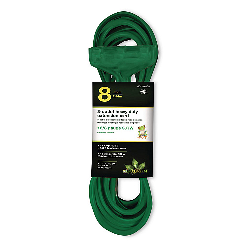 GoGreen Power 3-Outlet Outdoor Extension Cord with Lighted End, 13 A, 8 ft, 13, Green (GG15008GN)