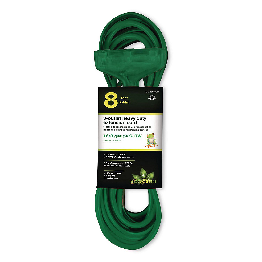 GoGreen Power 3-Outlet Outdoor Extension Cord with Lighted End, 13 A, 8 ft, 13, Green (GG15008GN)