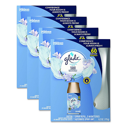 Glade Automatic Spray Starter Kit, Spray Unit and Refill, White/Gold, Clean Linen, 4/Carton (306038)