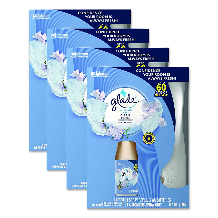 Glade Automatic Spray Starter Kit, Spray Unit and Refill, White/Gold, Clean Linen, 4/Carton (306038)