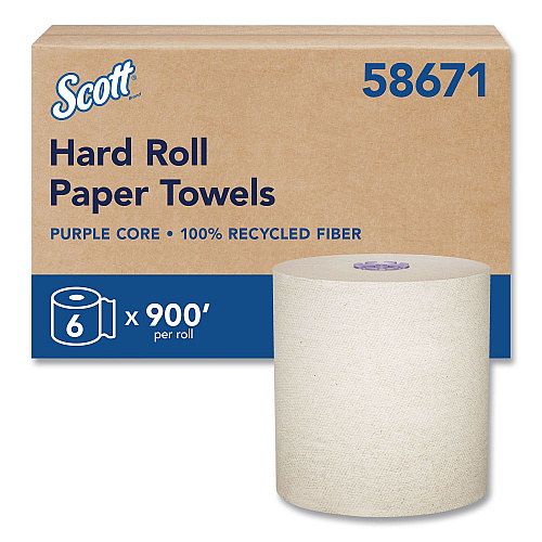Scott 100% Recycled Hard Roll Paper Towels, 1-Ply, 8" x 900 ft, Brown, 6/Carton (58671CT)