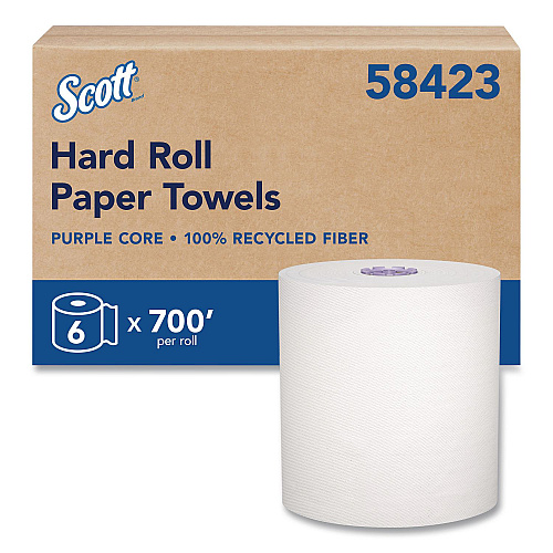 Scott 100% Recycled Hard Roll Paper Towels, 1-Ply, 8" x 700 ft, White, 6/Carton (58423CT)