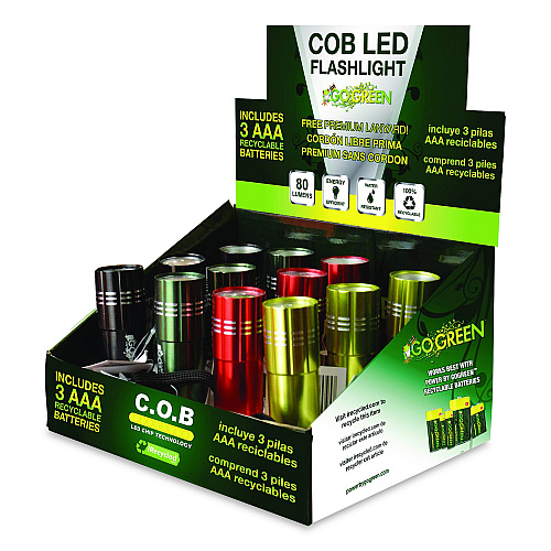 GoGreen Power COB LED Flashlights with Display Case, 3 AAA Batteries (Included), Assorted Colors, 12/Pack (GG113COBD12)