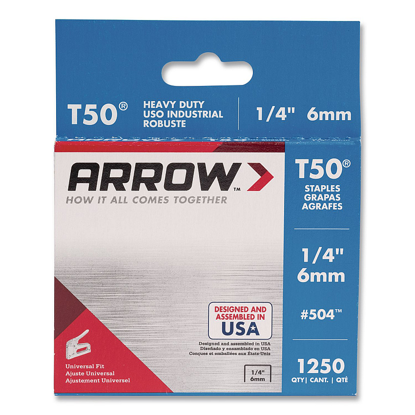Arrow T50 Heavy Duty Staples, 0.25" Leg, 0.38" Crown, Silver, 1,250/Box (504BX)