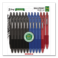 Zebra Z-Grip Ballpoint Pen with Recycled Material, Retractable, Medium 1 mm, Assorted Ink and Barrel Colors, 24/Pack (20304)