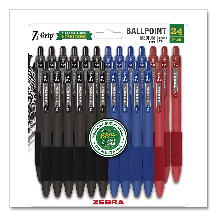 Zebra Z-Grip Ballpoint Pen with Recycled Material, Retractable, Medium 1 mm, Assorted Ink and Barrel Colors, 24/Pack (20304)