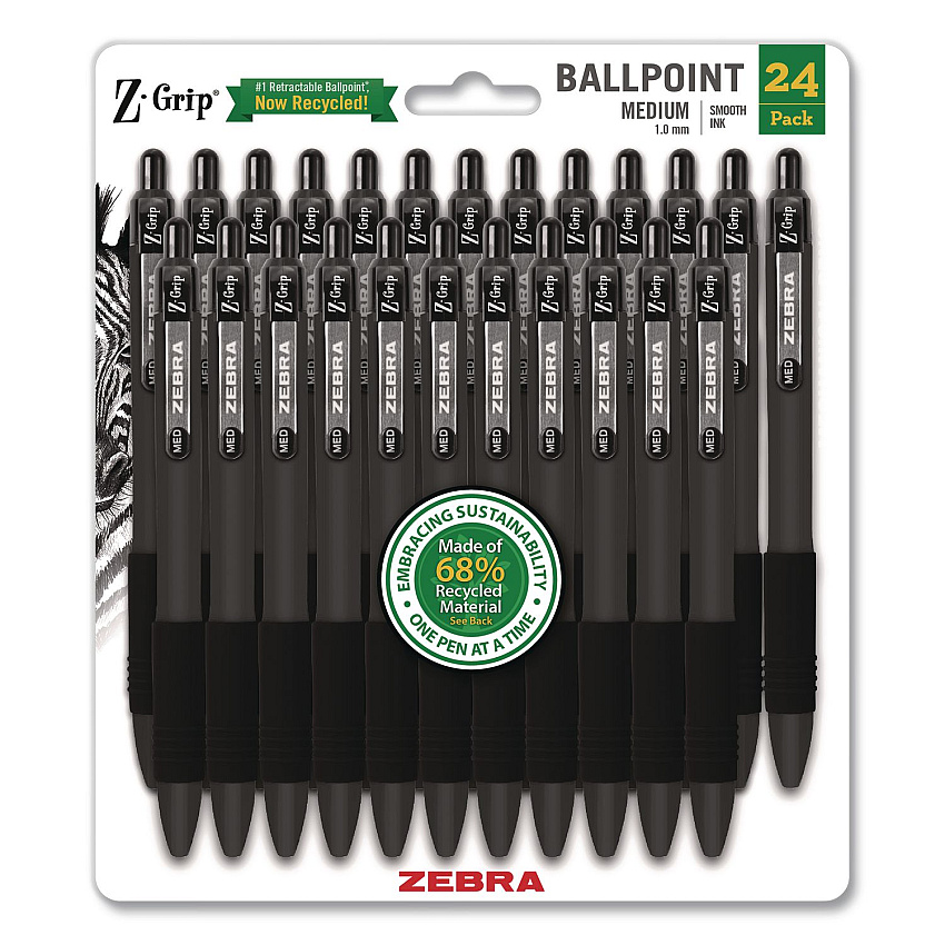 Zebra Z-Grip Ballpoint Pen, Retractable, Medium 1 mm, Black Ink and Barrel, 24/Pack (20314)