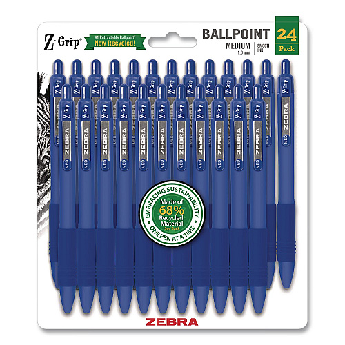 Zebra Z-Grip Ballpoint Pen, Retractable, Medium 1 mm, Blue Ink and Barrel, 24/Pack (20324)