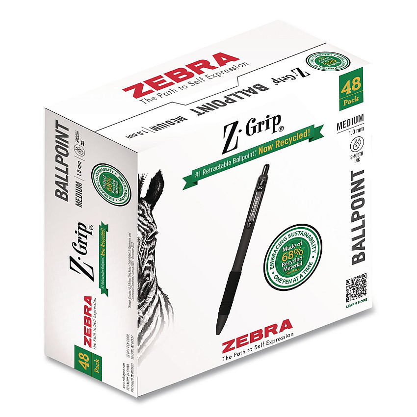 Zebra Z-Grip Ballpoint Pen, Retractable, Medium 1 mm, Black Ink and Barrel, 48/Pack (20418)