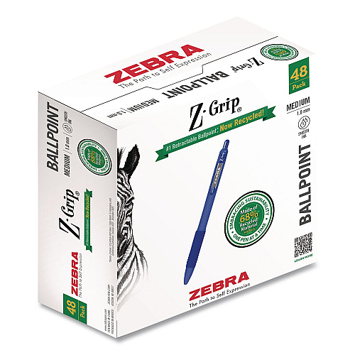 Zebra Z-Grip Ballpoint Pen, Retractable, Medium 1 mm, Blue Ink and Barrel, 48/Pack (20428)