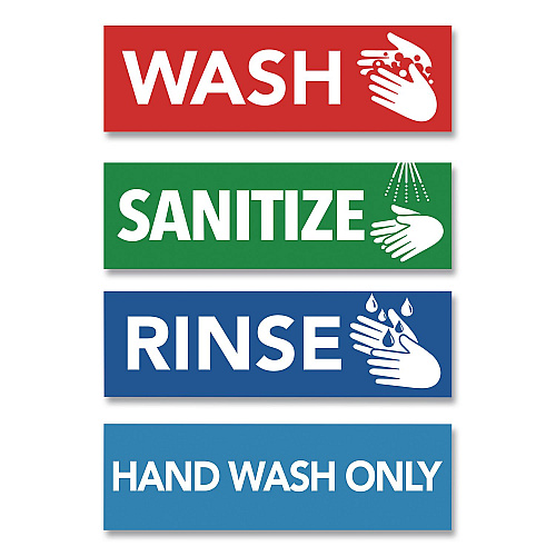 COSCO Wash, Rinse, Sanitize, Hand Wash Only Decals, 2.75 x 9", Assorted Colors, 4/Pack (098560)