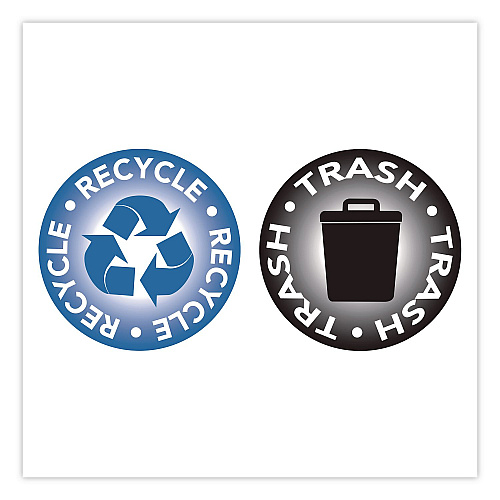 COSCO RECYCLE and TRASH Decals, 4" Diameter, Black/Blue, 2/Pack (098594)