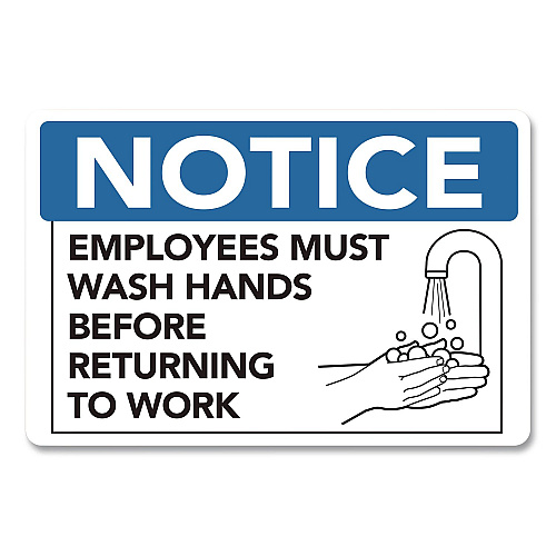 COSCO Notice Employees Must Wash Hands Before Returning to Work Sign, 9 x 6, Blue/White Face, Black Graphics (098606)