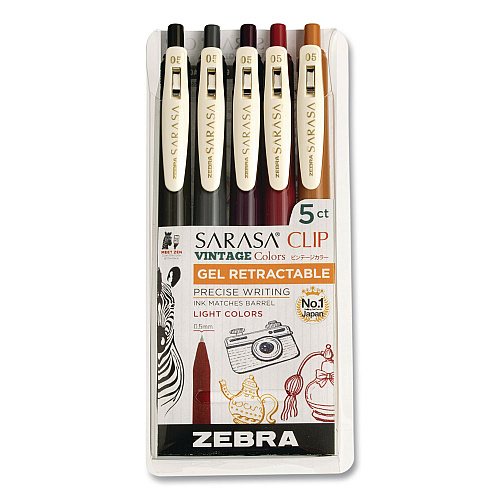 Zebra Sarasa Clip Gel Pen, Retractable, Fine 0.5 mm, Assorted Vintage Light Ink and Barrel Colors, 5/Pack (47445)