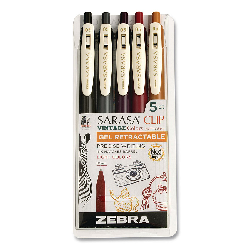 Zebra Sarasa Clip Gel Pen, Retractable, Fine 0.5 mm, Assorted Vintage Light Ink and Barrel Colors, 5/Pack (47445)