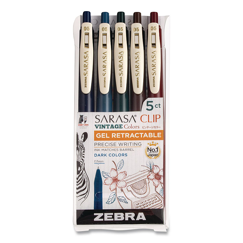 Zebra Sarasa Clip Gel Pen, Retractable, Fine 0.5 mm, Assorted Vintage Dark Ink and Barrel Colors, 5/Pack (47455)