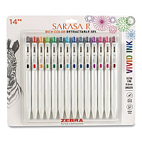 Zebra Sarasa R Gel Pen, Retractable, Extra Fine 0.4 mm, Assorted Ink Colors, White Barrels, 14/Pack (47714)