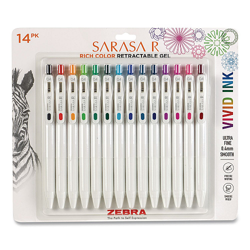 Zebra Sarasa R Gel Pen, Retractable, Extra Fine 0.4 mm, Assorted Ink Colors, White Barrels, 14/Pack (47714)