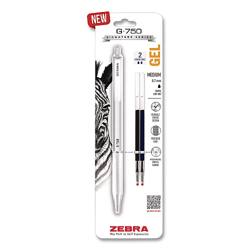 Zebra G-750 Gel Pen with Black and Blue Ink Refills, Retractable, Medium 0.7 mm, Black Ink, White Barrel (49801)