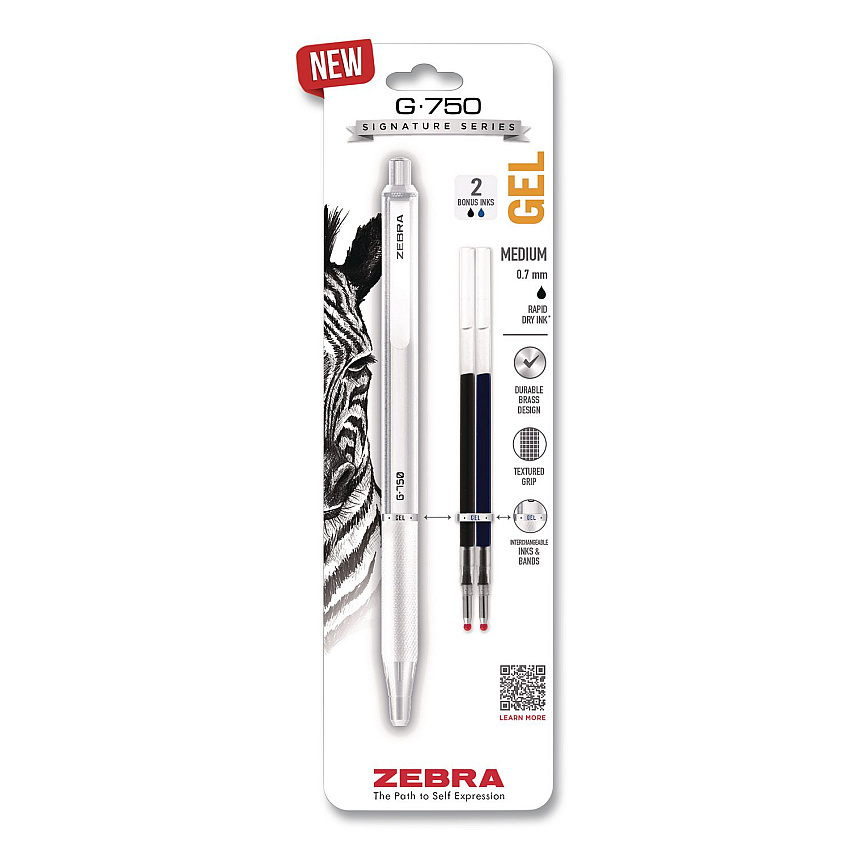 Zebra G-750 Gel Pen with Black and Blue Ink Refills, Retractable, Medium 0.7 mm, Black Ink, White Barrel (49801)