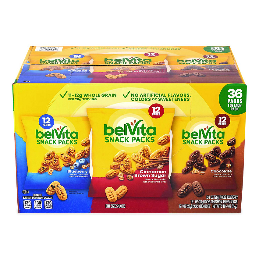 belVita Bites Breakfast Biscuits Variety Pack, Blueberry/Chocolate/Cinnamon Brown Sugar, 1 oz Pack, 36/Carton (22002903)