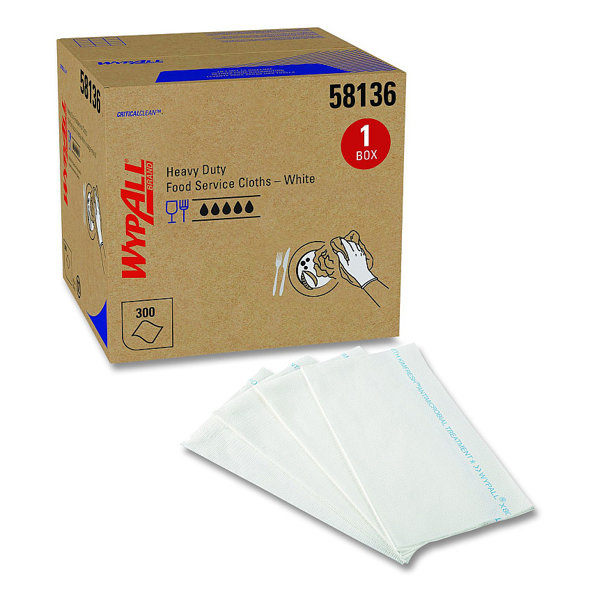 WypAll Heavy-Duty Foodservice Cloths, 1-Ply, 12.5 x 15, White, 300 Sheets/Box (58136CT)