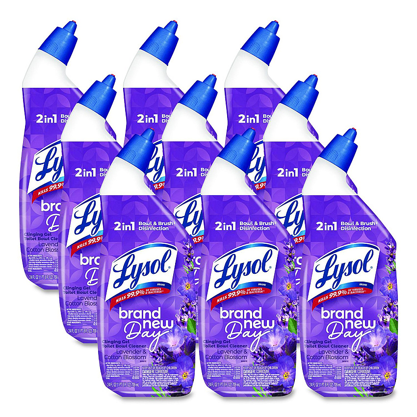 LYSOL Brand Clinging Gel Brand New Day Toilet Bowl Cleaner, Lavender and Cotton Blossom, 24 oz Angle-Neck Bottle, 9/Carton (56251CT)