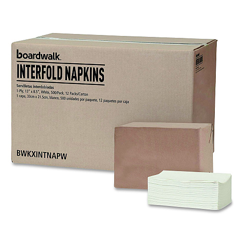 Boardwalk Interfold Dispenser Napkins, 1-Ply, 13 x 8.5, White, 500/Pack, 12 Packs/Carton (XINTNAPW)
