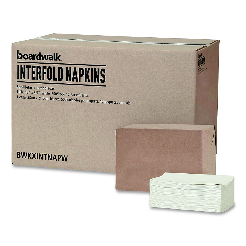 Boardwalk Interfold Dispenser Napkins, 1-Ply, 13 x 8.5, White, 500/Pack, 12 Packs/Carton (XINTNAPW)