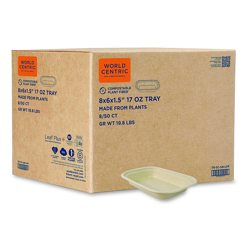 World Centric Fiber Containers, 17 oz, 6.02 x 8.02 x 1.5, Natural, Sugarcane Fiber, 400/Carton (TRSCU8LFP)