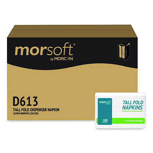 Morcon Paper Morsoft Tall Fold Dispsenser Napkins, 1-Ply, 3.5 x 5, White, 500/Pack, 20 Packs/Carton (D613)