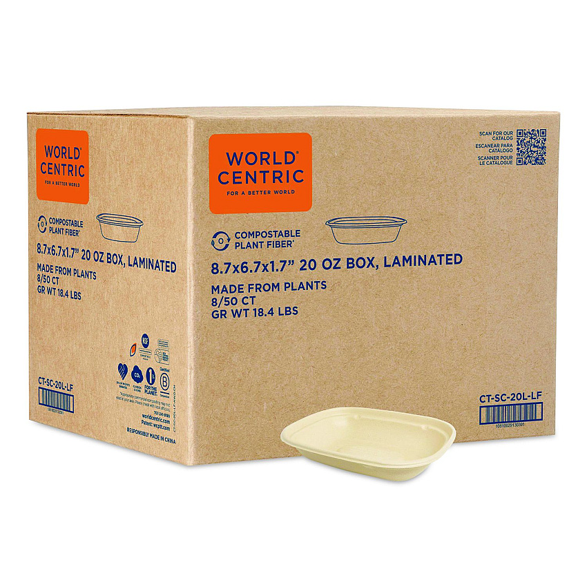 World Centric Laminated Fiber Containers, 20 oz, 6.7 x 8.7 x 1.7, Natural, Sugarcane Fiber, 400/Carton (CTSC20LLF)