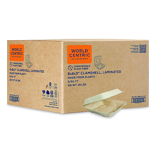 World Centric Fiber Hinged Takeout Containers, 8.2 x 8.8 x 2.9, Natural, Sugarcane Fiber, 300/Carton (TOSCU853LLF)