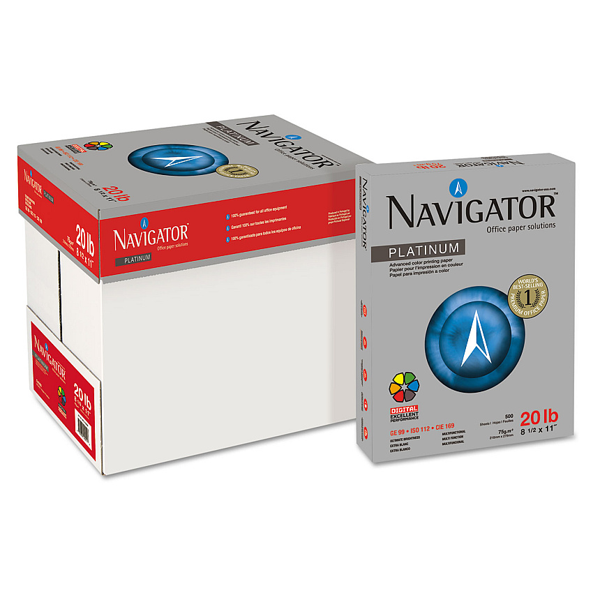 Navigator Platinum Paper, 99 Bright, 20 lb Bond Weight, 8.5 x 11, White, 500 Sheets/Ream, 10 Reams/Carton (NPL1120)