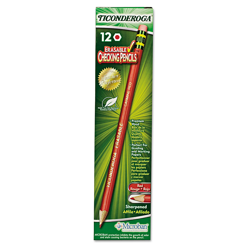 Ticonderoga Erasable Colored Pencils, 2.6 mm, 2B, Carmine Red Lead, Carmine Red Barrel, Dozen (14259)